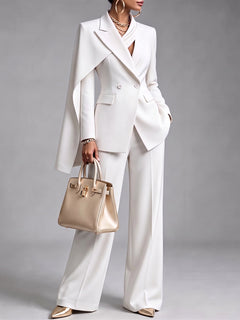 CapeLuxe – 🤲⏰ Women's Chic 2-Piece Suit Set with Asymmetric Cape Blazer & Wide-Leg Pants