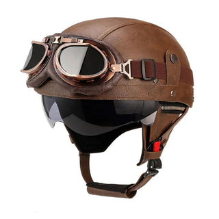 AviatorRide – Vintage PU Leather DOT Motorcycle Half Helmet with Goggles
