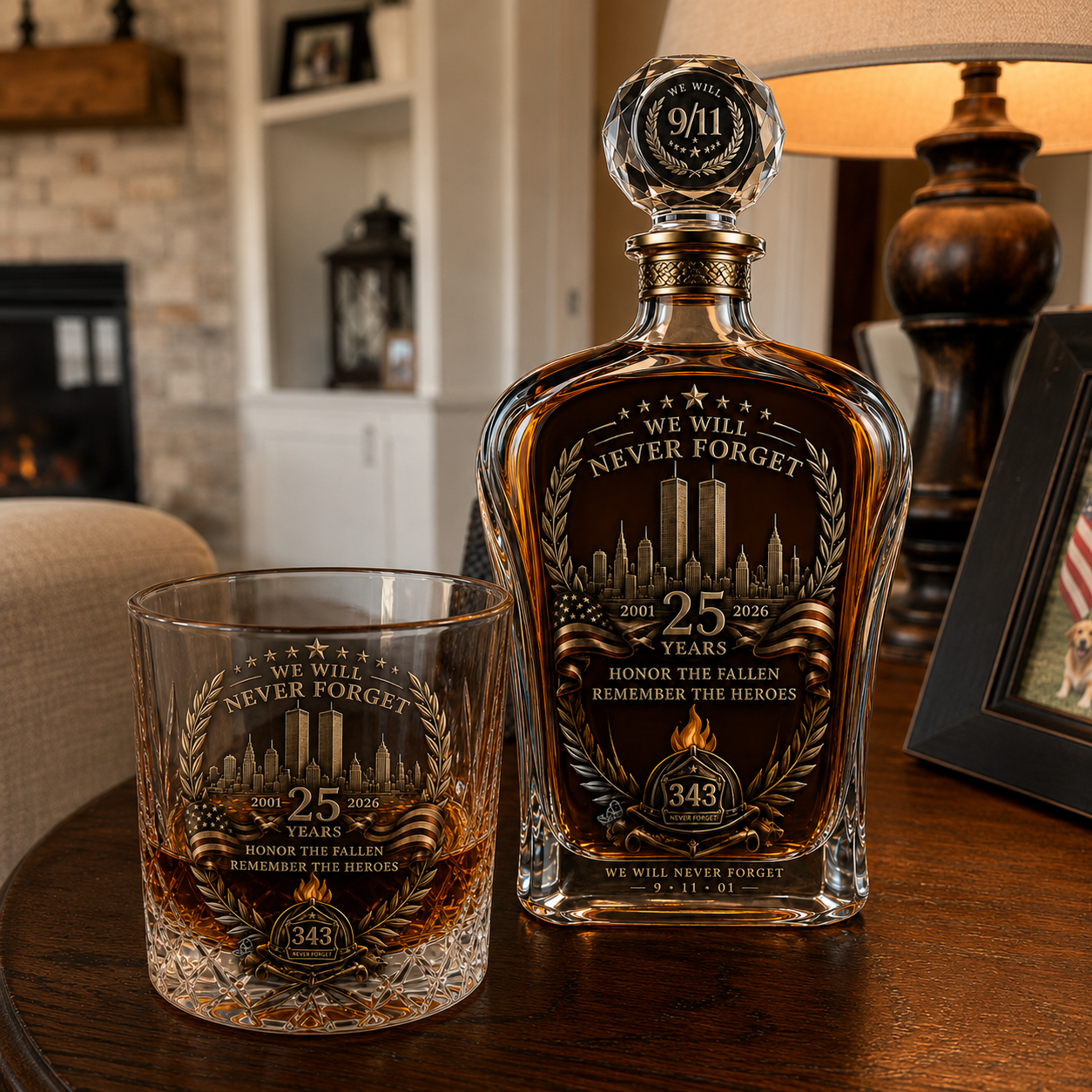 🕯️ TributeCrest – 9/11 25th Anniversary Memorial Whiskey Decanter & Glass Gift Set, We Will Never Forget 343 Heroes