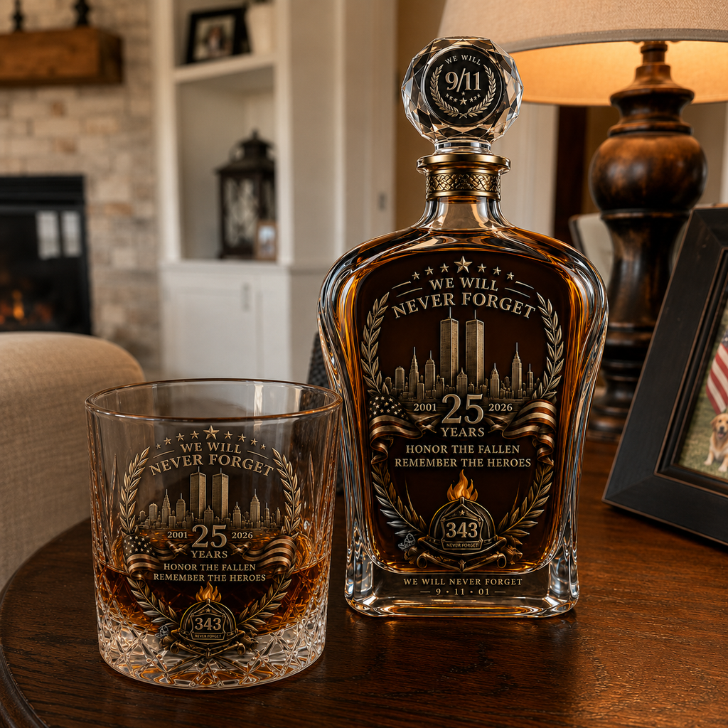 🕯️ TributeCrest – 9/11 25th Anniversary Memorial Whiskey Decanter & Glass Gift Set, We Will Never Forget 343 Heroes