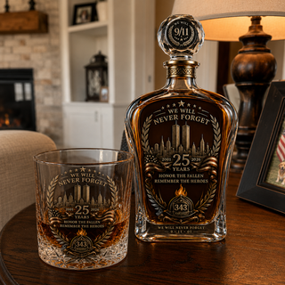 🕯️ TributeCrest – 9/11 25th Anniversary Memorial Whiskey Decanter & Glass Gift Set, We Will Never Forget 343 Heroes