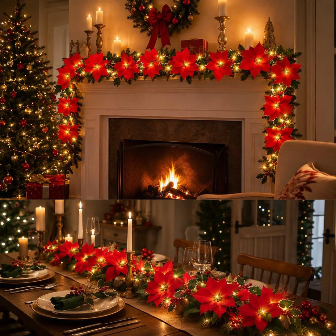 Poinsettia garland styled on mantels, doorways, and tables