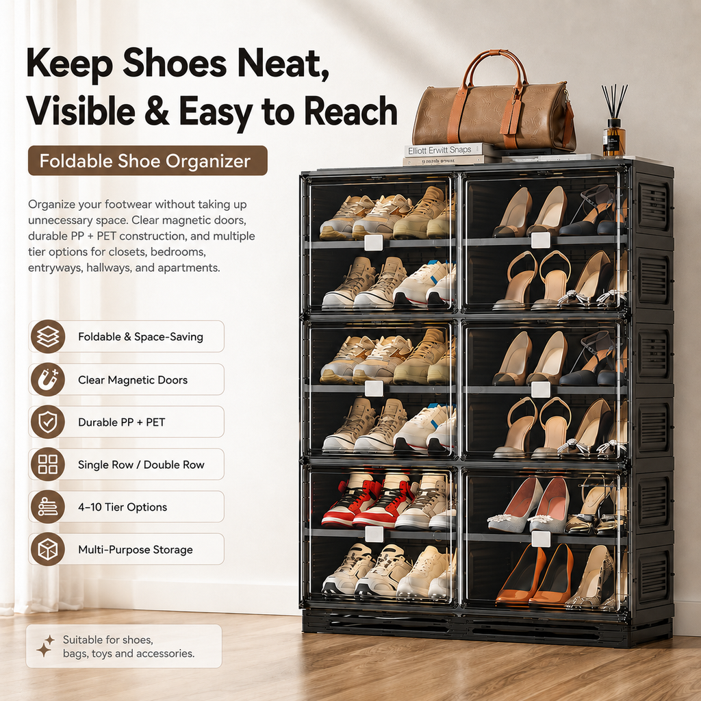 ClearStack – Foldable Shoe Organizer with Magnetic Doors