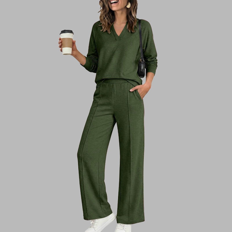 EaseLuxe – 👚Women's Casual V-Neck Top & Wide-Leg Pants Set