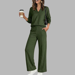 EaseLuxe – 👚Women's Casual V-Neck Top & Wide-Leg Pants Set