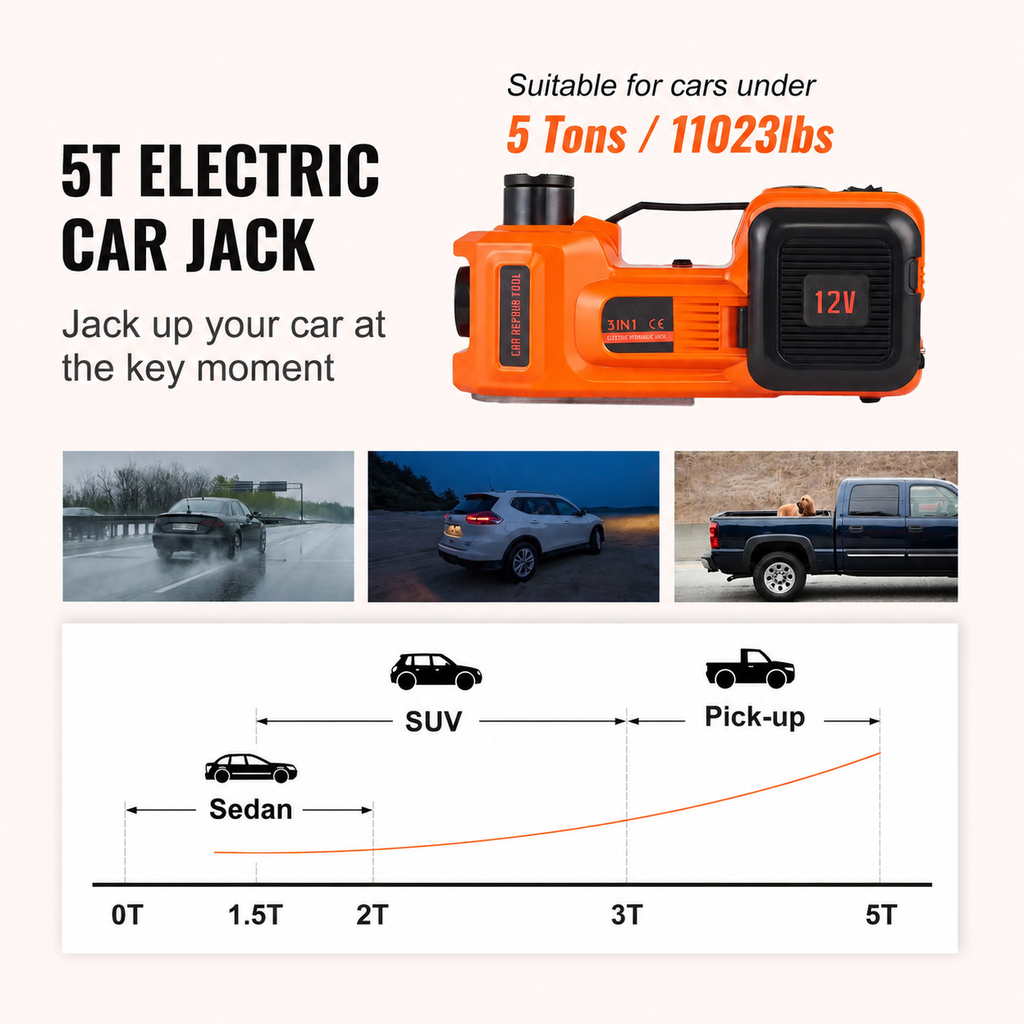 JackVolt – 💯🚗 5 Ton Electric Hydraulic Car Jack Lift with Air Pump