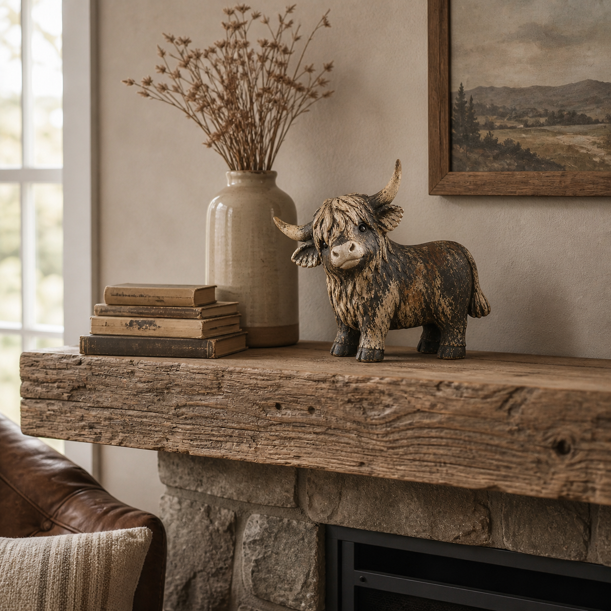 🐮 CuriousCoo – Rustic Highland Cow Figurine for Charming Farmhouse Tabletop Decor