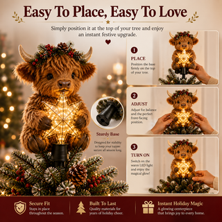 🎄HighlandGlow – Baby Highland Cow Glowing Star Tree Topper✨