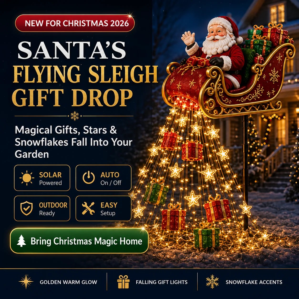 SleighGlow – 🔥🎅✨ Santa's Flying Sleigh Gift Cascade Solar Christmas Garden Light