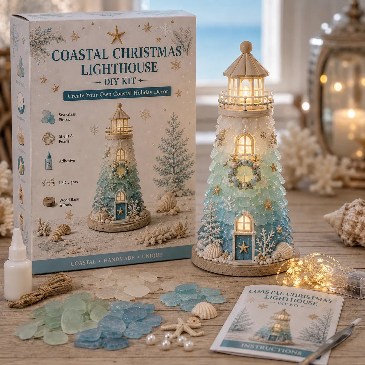 GlowHarbor – ⏳ 🌊 Beginner-Friendly DIY Lighted Sea Glass-Style Lighthouse Kit with LED Lights & Step-by-Step Guide 💕