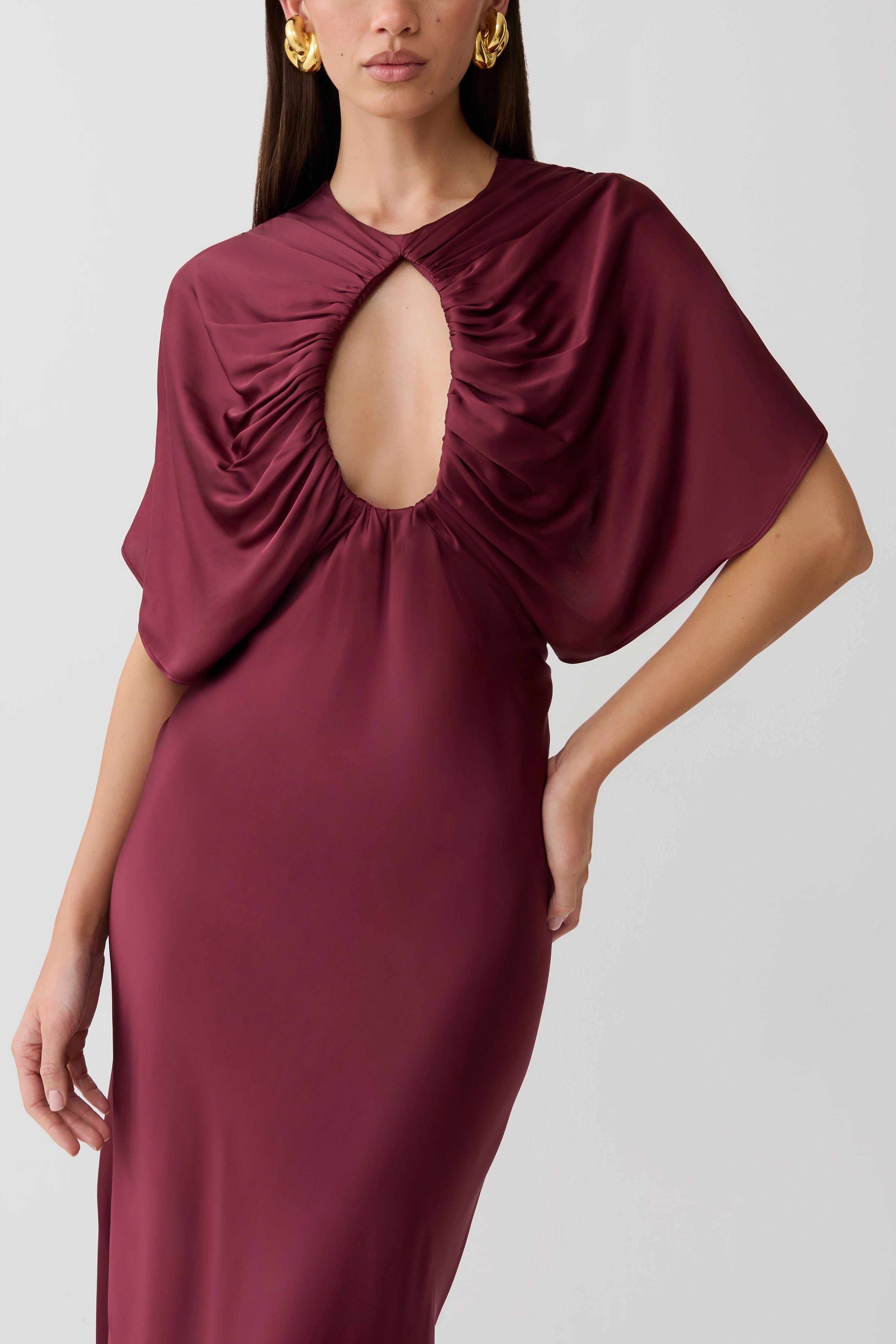 SatinDrape – Burgundy Cut-Out Satin Midi Dress