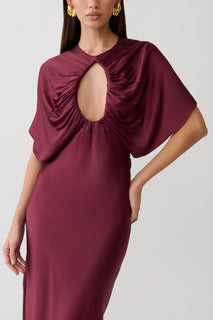 SatinDrape – Burgundy Cut-Out Satin Midi Dress