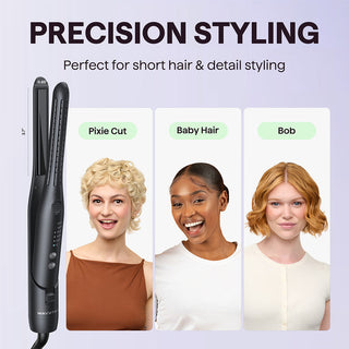 Black Cool Curl Pencil with three women showcasing different hair styles on a light purple background.