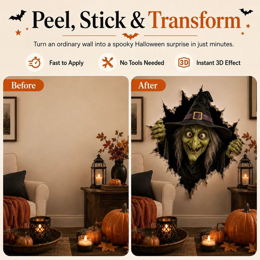 Halloween Witch Wall Decal Before After