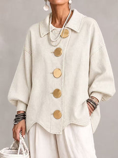 ButtonBloom – 🤲⏰ Collared Oversized Denim Jacket with Large Metal Buttons