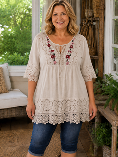 BohoBloom – Plus-Size Cotton-Linen Floral Embroidered Lace Tunic