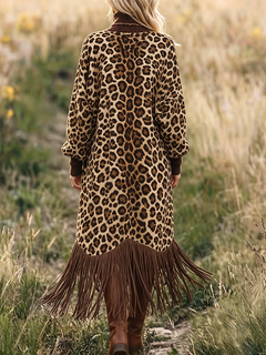 WildFringe – Boho Leopard Print Fringe Dress with Long Sleeves