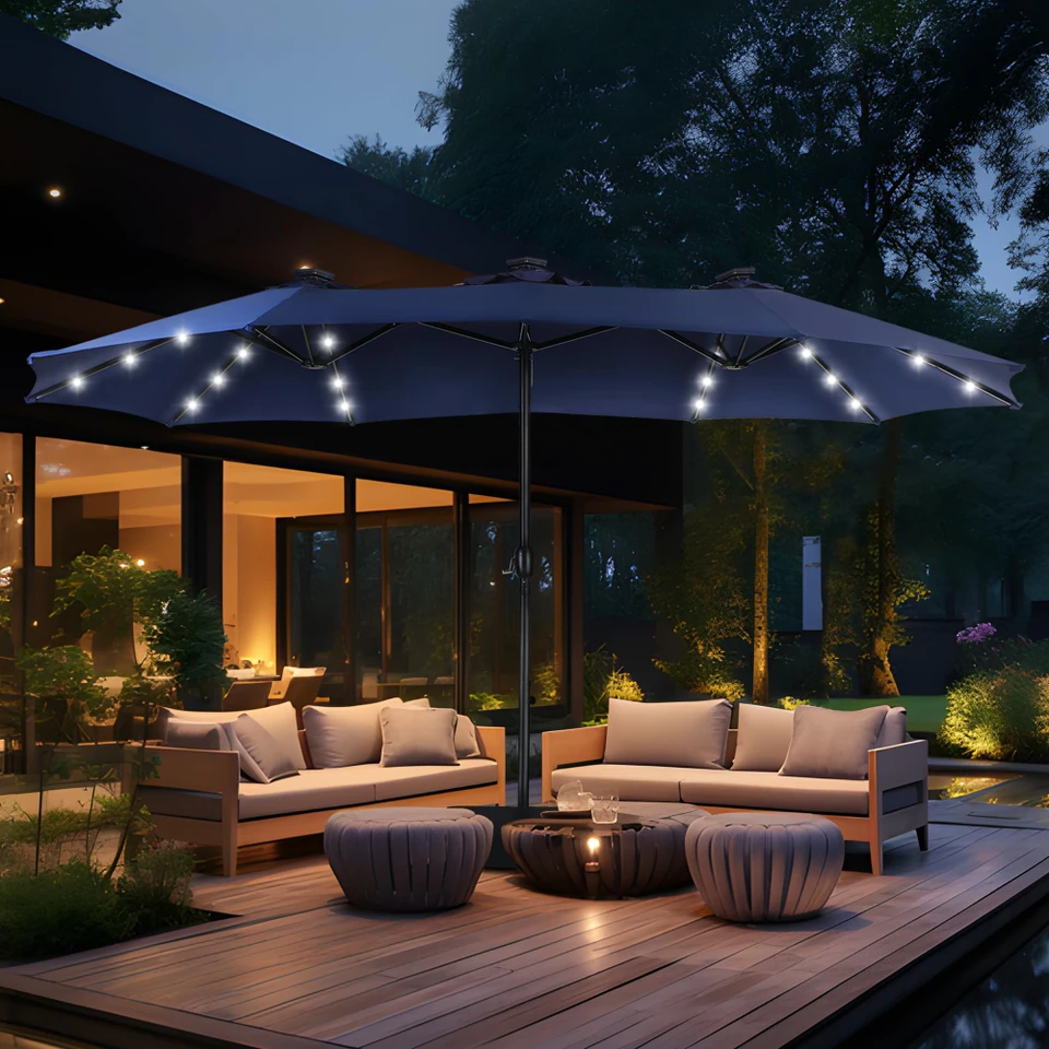 GlowCanopy – 15ft Double-Sided Patio Umbrella with Solar Lights