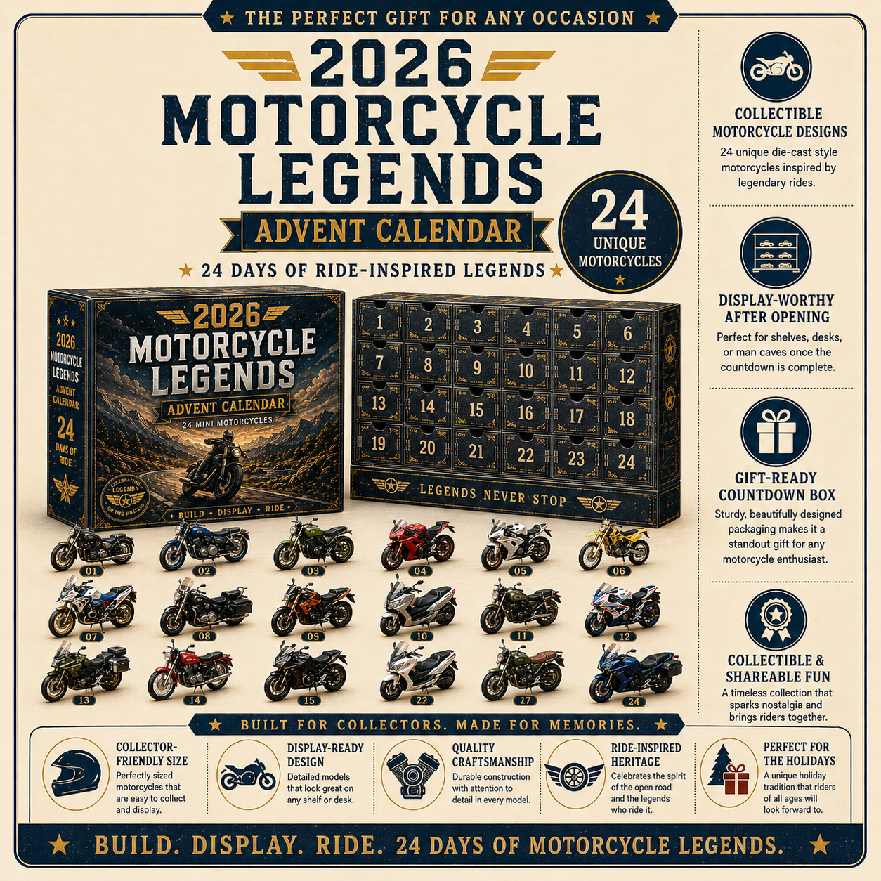 🎁 MotoCountdown – 2026 Motorcycle Legends Advent Calendar: 24 Days, 24 Mini Motorcycles, 24 Legendary Rides