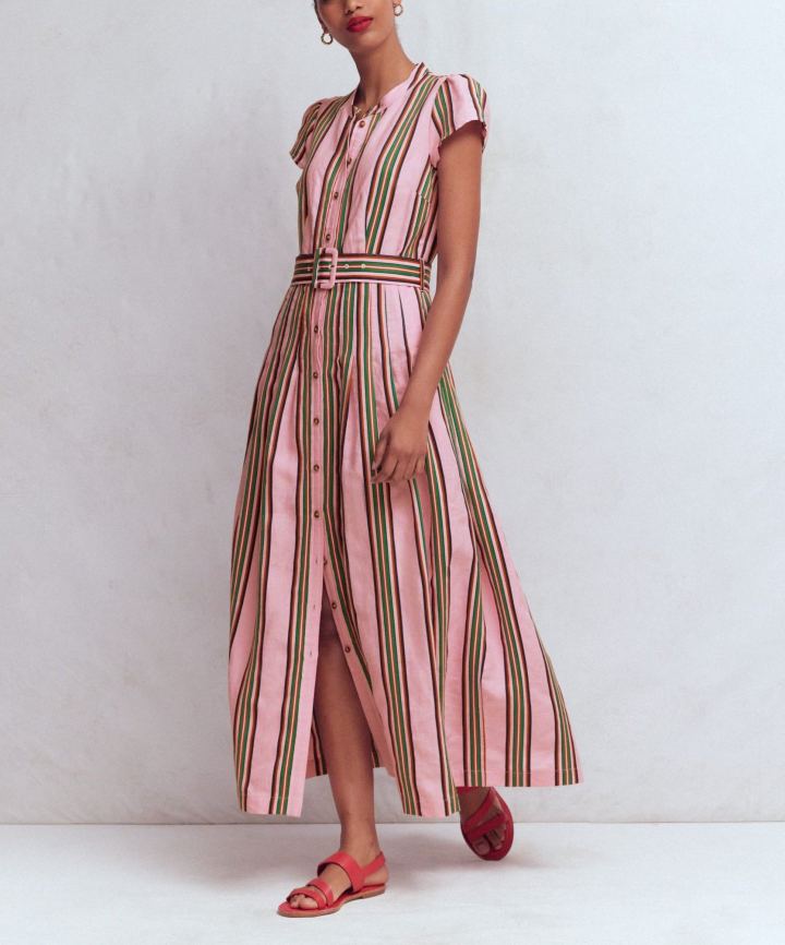 Pink Striped Belted Linen Blend Dress