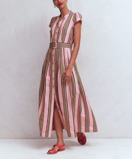 Pink Striped Belted Linen Blend Dress