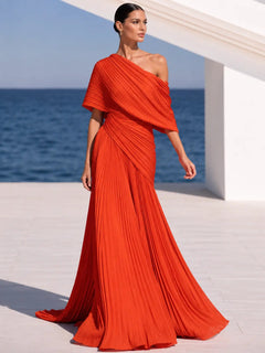 DrapeGala – One Shoulder Pleated Evening Gown