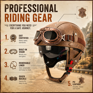 AviatorRide – Vintage PU Leather DOT Motorcycle Half Helmet with Goggles