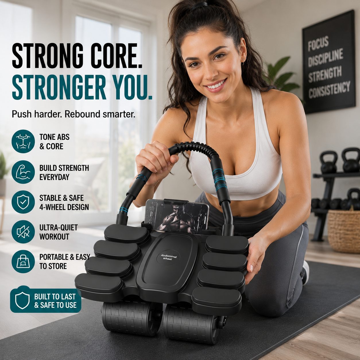 CoreRebound – Four-Wheel Smart Ab Roller with Automatic Rebound & Elbow Support