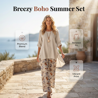 LinenBreeze – Women's Cotton Linen Half-Sleeve Top & Pants Set, Breathable & Lightweight