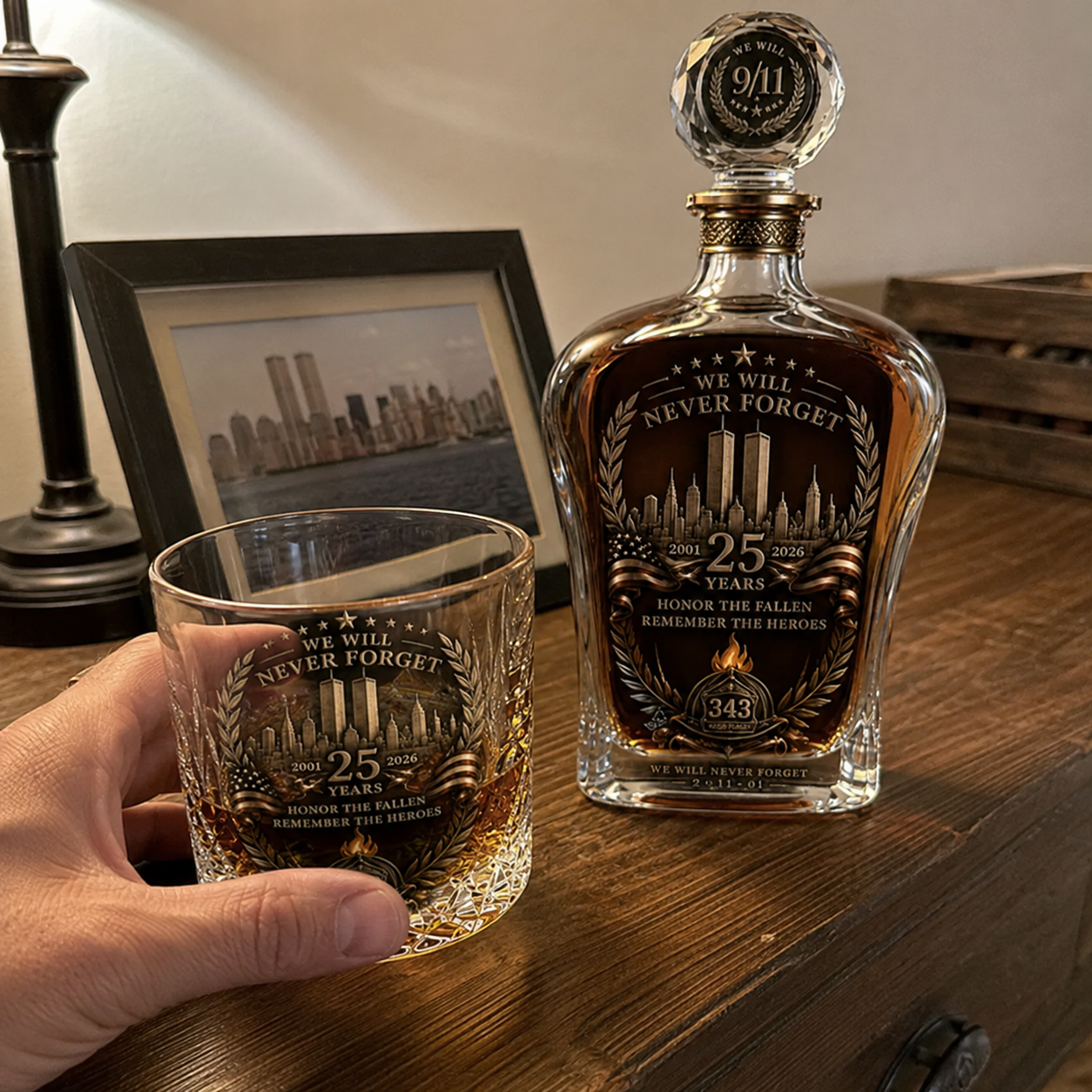🕯️ TributeCrest – 9/11 25th Anniversary Memorial Whiskey Decanter & Glass Gift Set, We Will Never Forget 343 Heroes