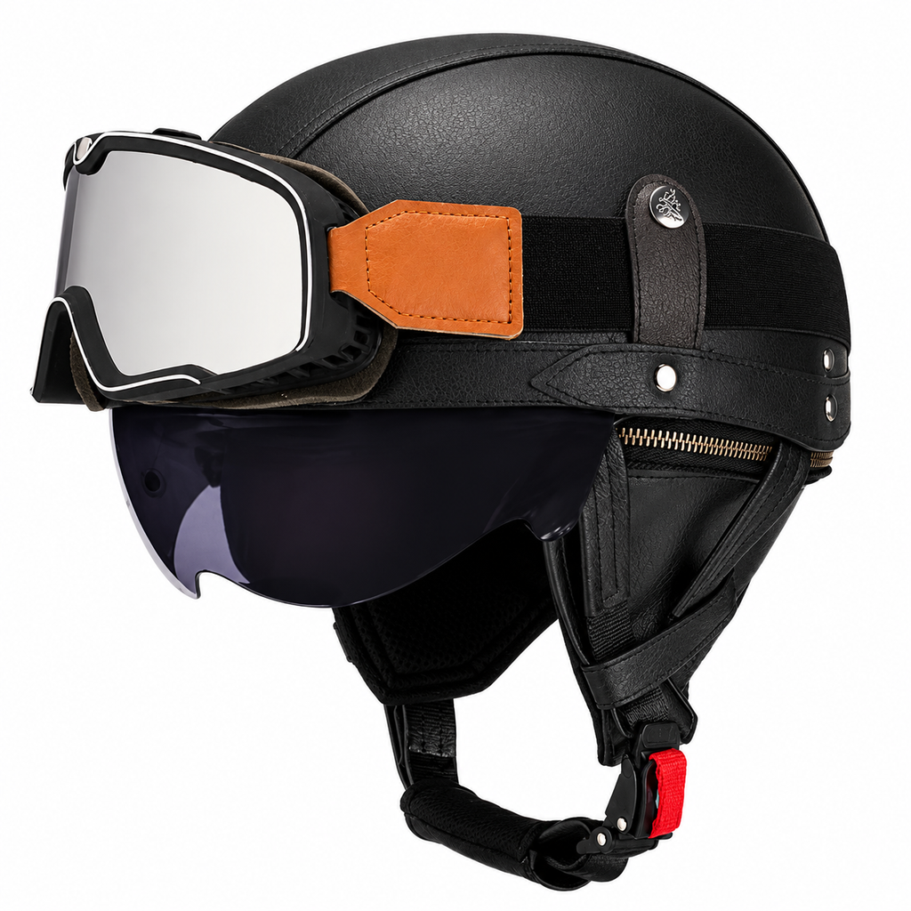 AviatorRide – Vintage PU Leather DOT Motorcycle Half Helmet with Goggles