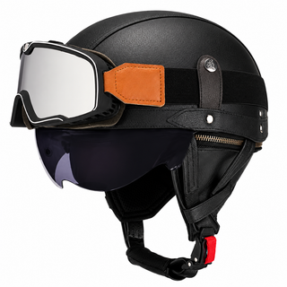 AviatorRide – Vintage PU Leather DOT Motorcycle Half Helmet with Goggles