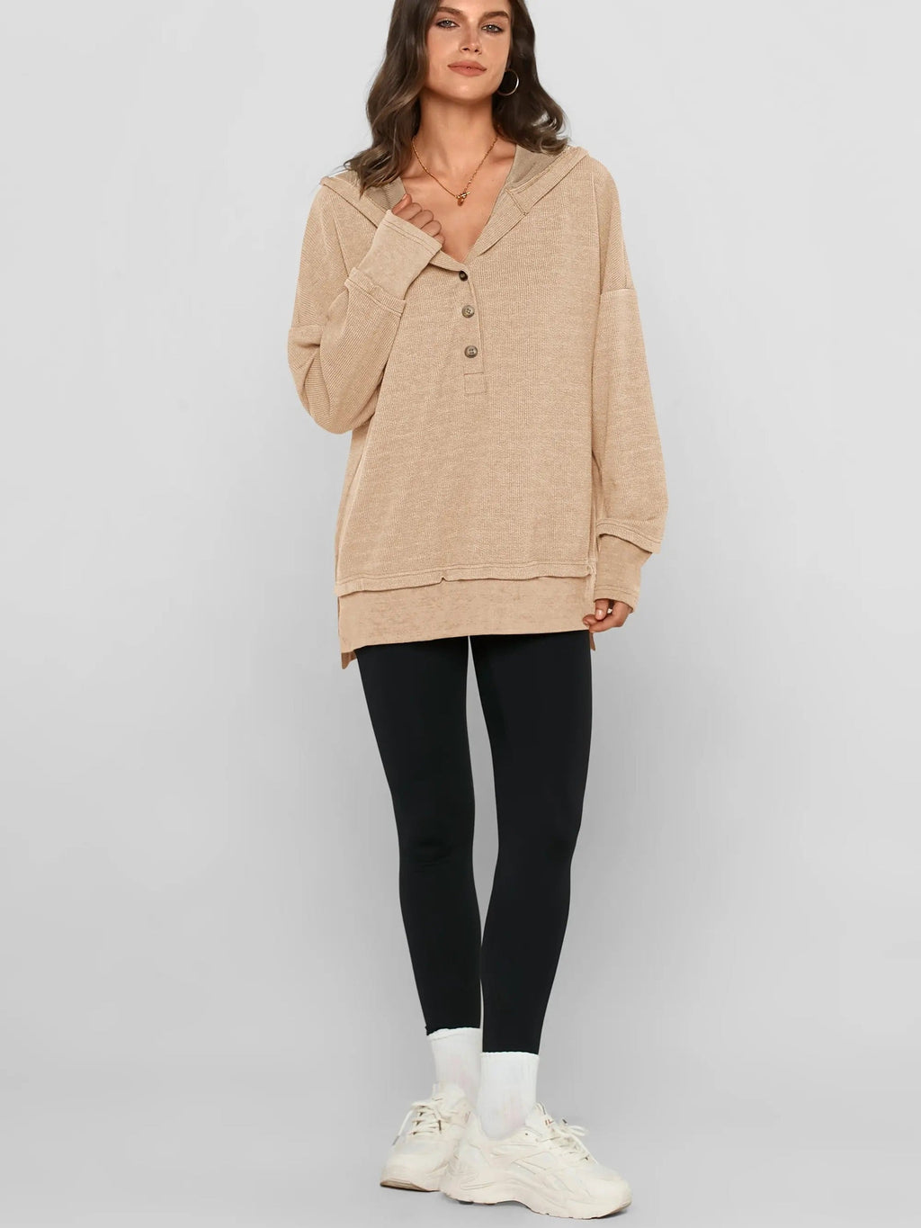 LayerEase – Women’s Oversized Button V-Neck Hoodie with Side Slits