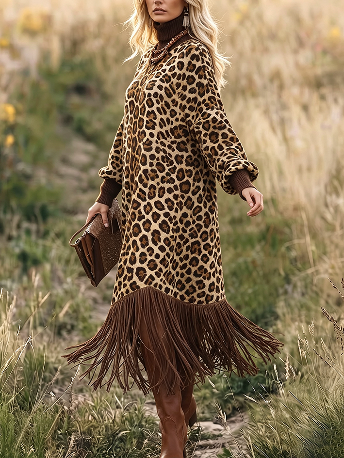 WildFringe – Boho Leopard Print Fringe Dress with Long Sleeves