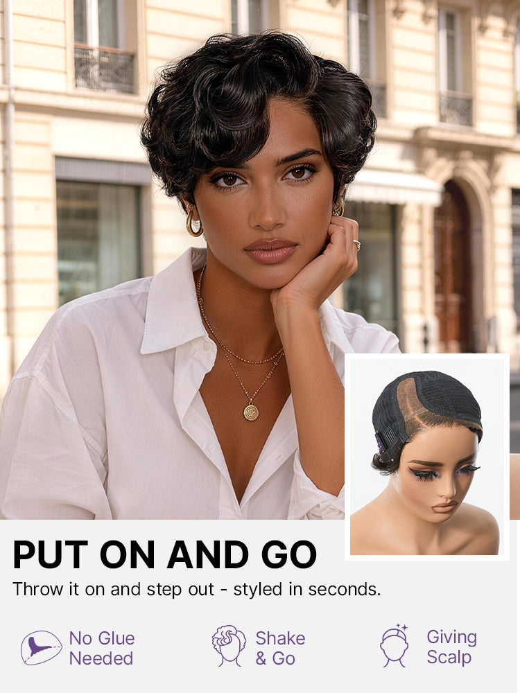 CurlCrown – Beginner-Friendly Natural Black Roll Curl Glueless Pixie Cut Wig with Pre-Cut HD Lace
