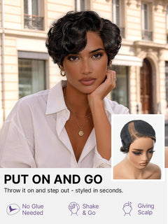 CurlCrown – Beginner-Friendly Natural Black Roll Curl Glueless Pixie Cut Wig with Pre-Cut HD Lace