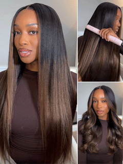 ChestnutGlide – Ombre Chestnut Brown Yaki Straight 7x5 Glueless Human Hair Wig with Drawstring