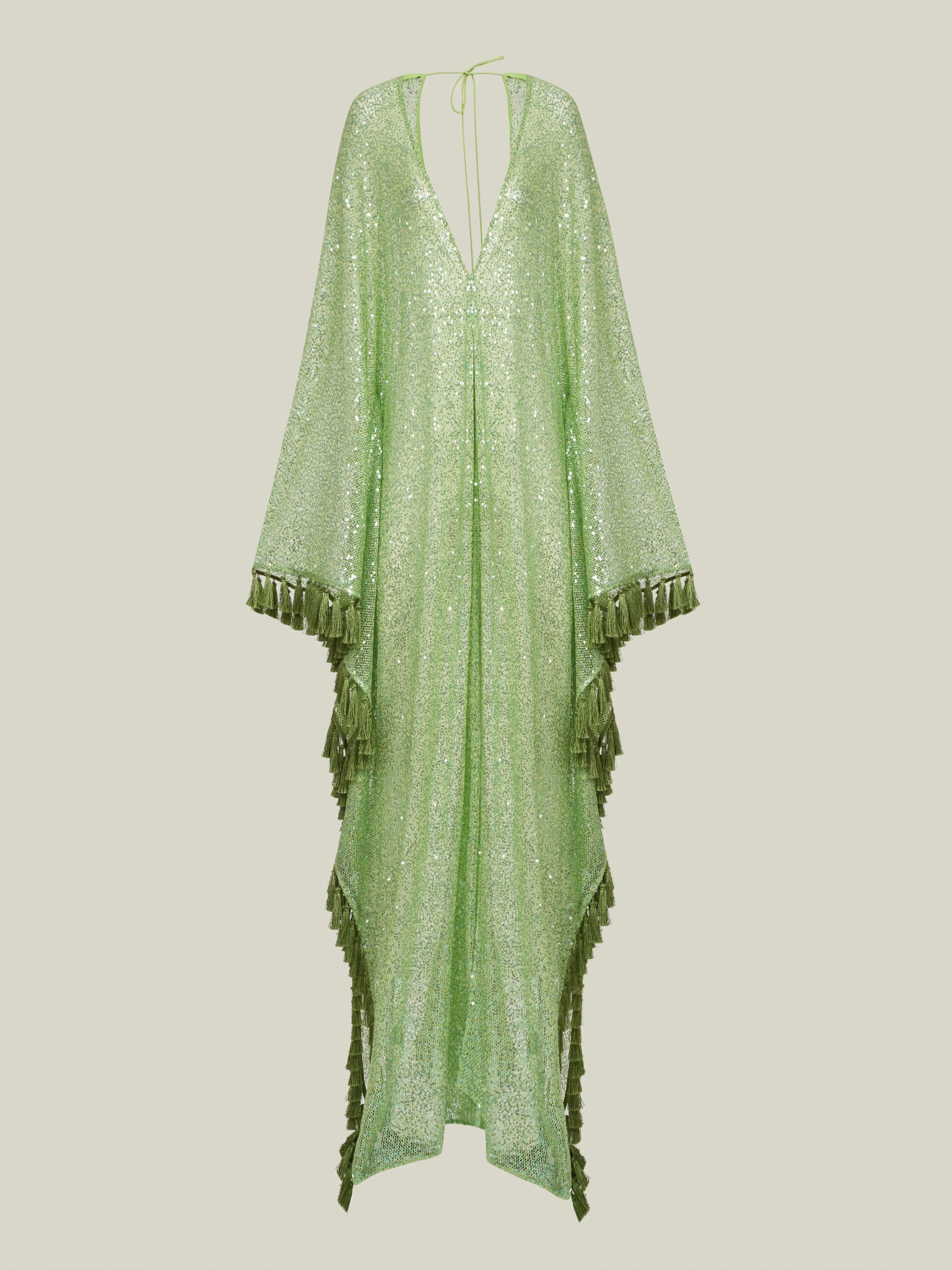 ShimmerDrift – Sequined Fringe-Trim Plunge V-Neck Maxi Kaftan Dress