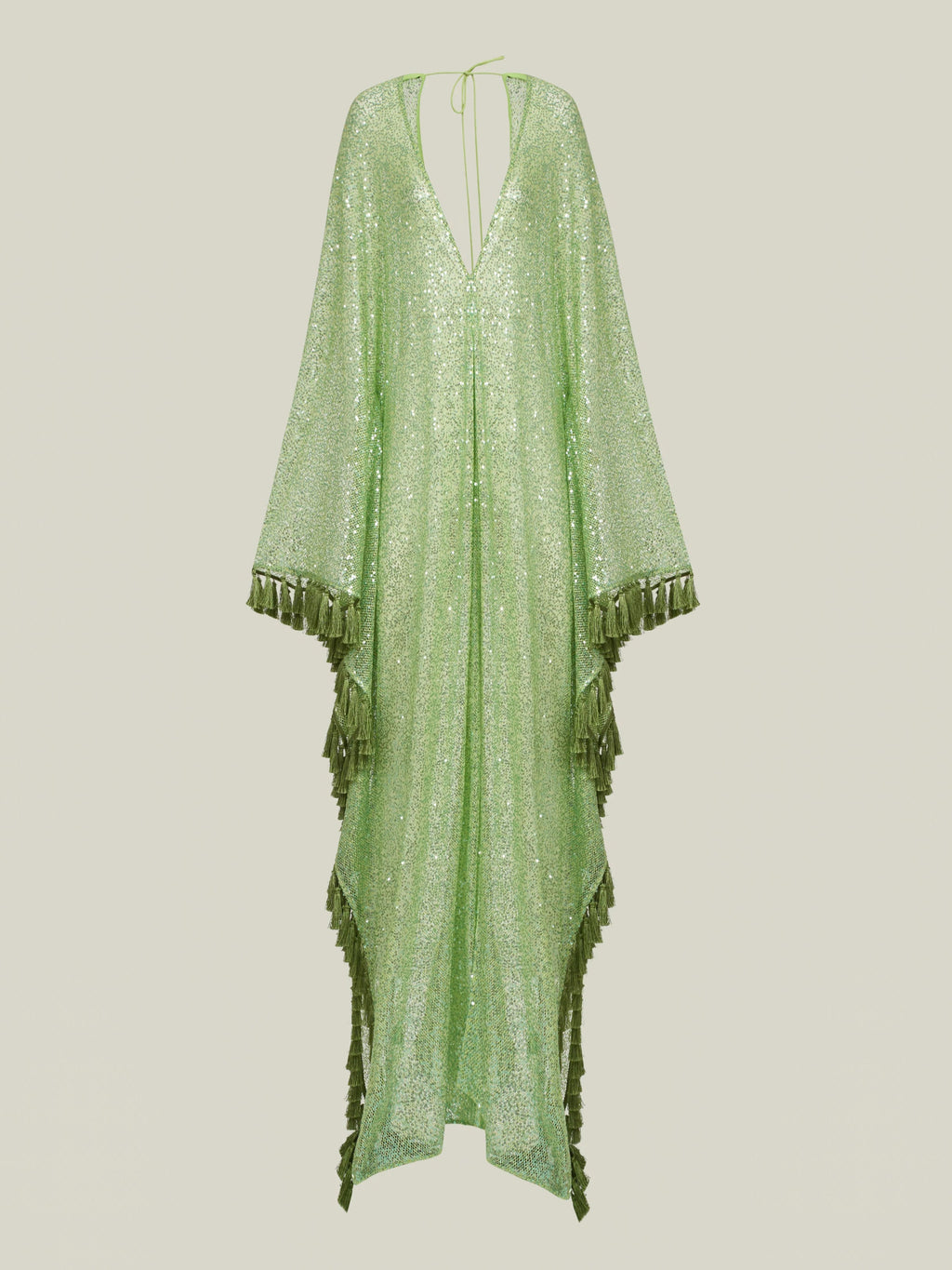 ShimmerDrift – Sequined Fringe-Trim Plunge V-Neck Maxi Kaftan Dress