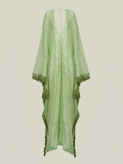 ShimmerDrift – Sequined Fringe-Trim Plunge V-Neck Maxi Kaftan Dress