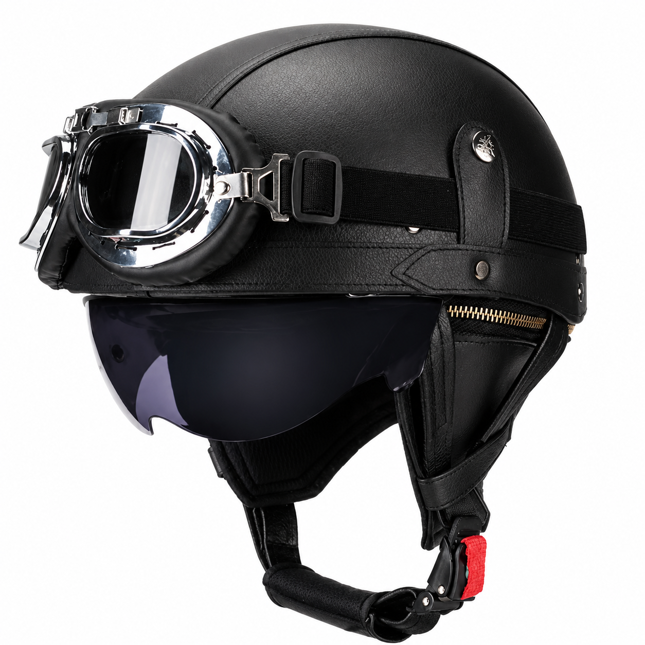 AviatorRide – Vintage PU Leather DOT Motorcycle Half Helmet with Goggles