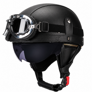AviatorRide – Vintage PU Leather DOT Motorcycle Half Helmet with Goggles