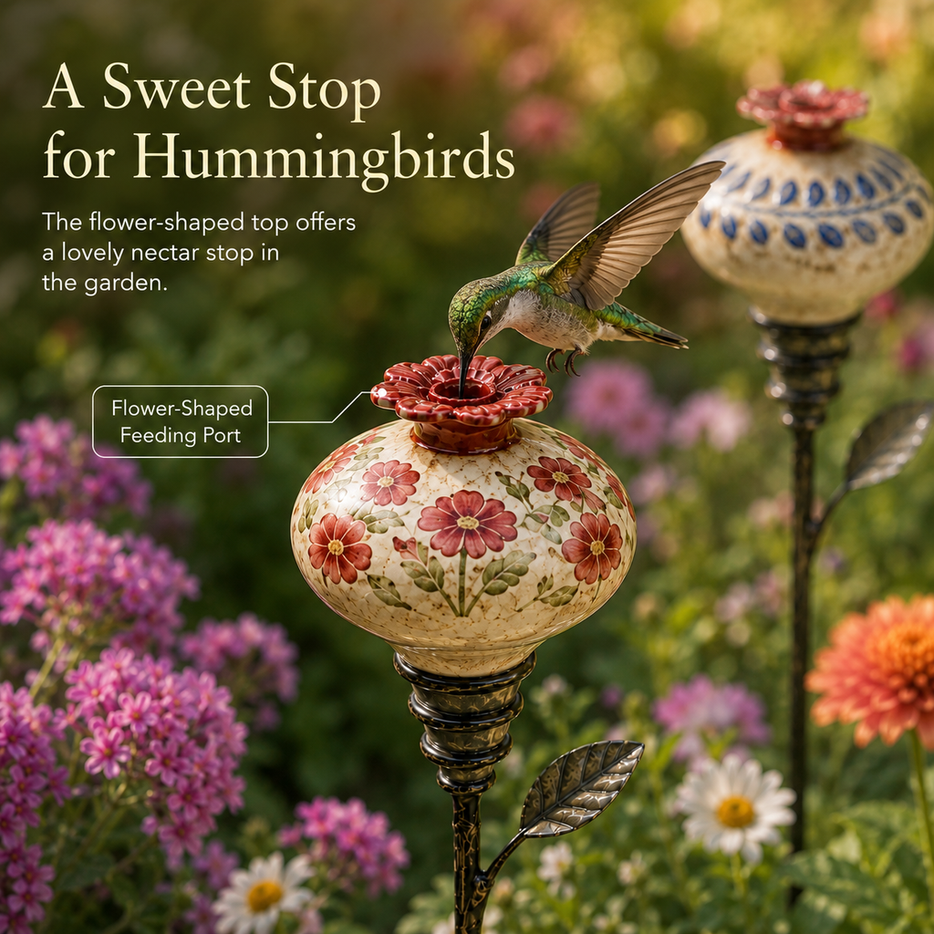 NectarCharm – Vintage Ceramic Hummingbird Feeder Garden Stake