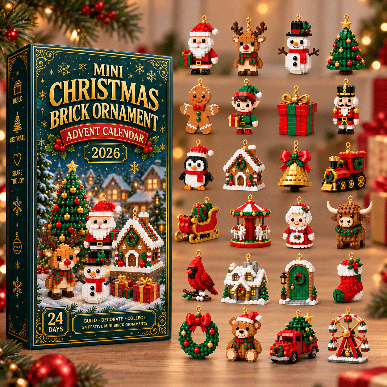 BrickNoel – ⏳🎄 24-Day Mini Christmas Brick Ornament Advent Calendar with Hanging Loops 🧱