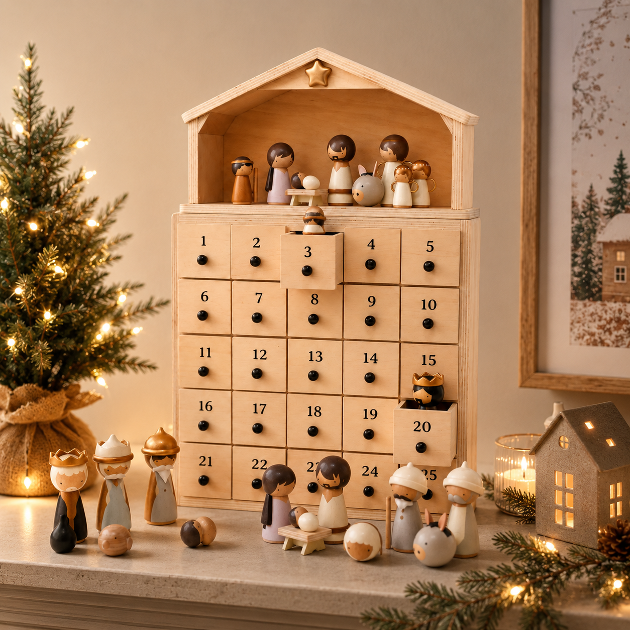NativityJoy – 2026 Wooden Nativity Advent Calendar with 24-Day Countdown & Story Book