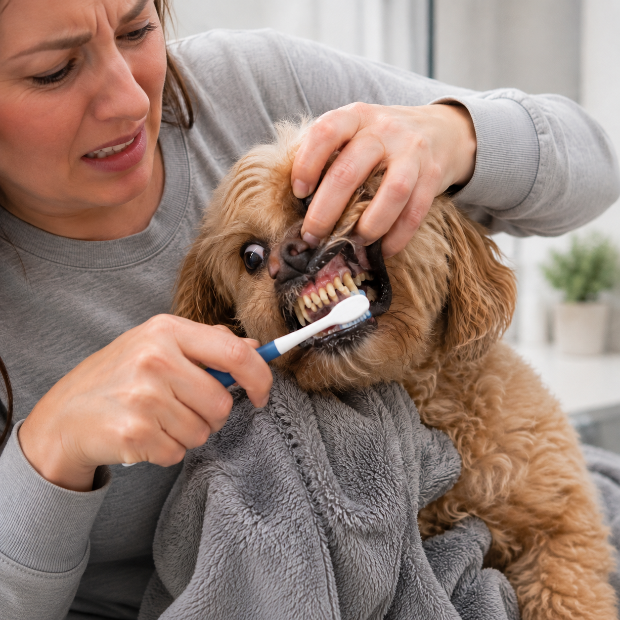 Dog resisting traditional tooth brushing and dental care