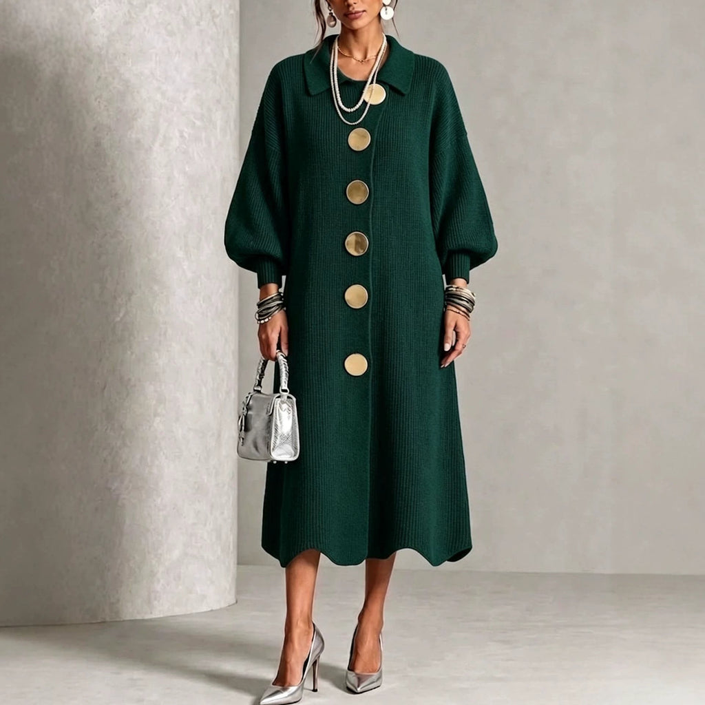 LanternLuxe – 🤲⏰ Long-Sleeve Knit Midi Dress with Large Metal Buttons, Lapel Collar & Lantern Sleeves
