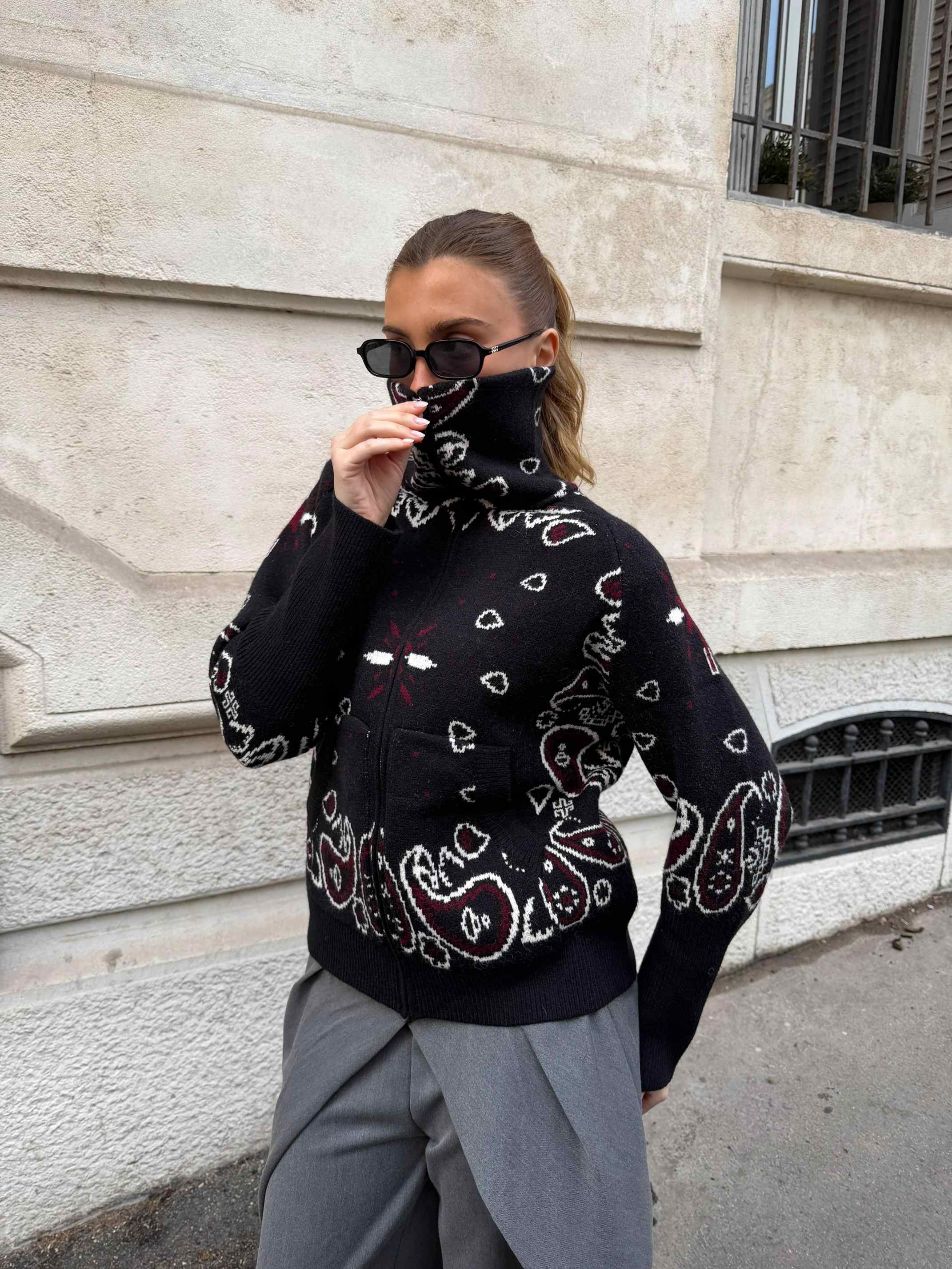 BandanaEase – Bandana-Patterned Knit Cardigan