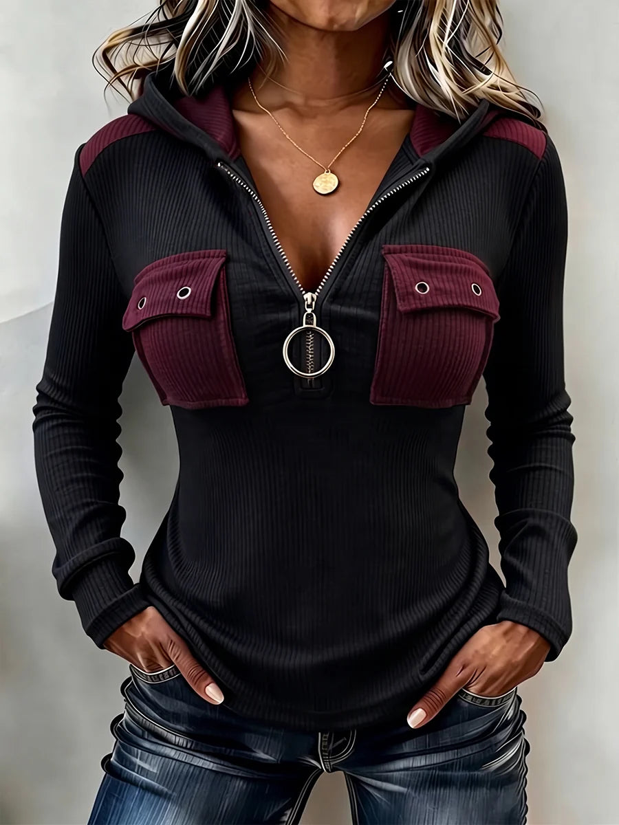 WildPatch – 🤲⏰ Chic Animal Patchwork Print Ribbed Hooded Top