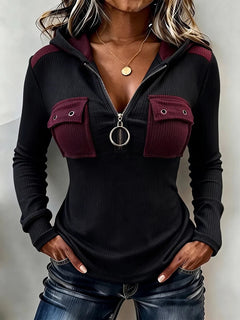 WildPatch – 🤲⏰ Chic Animal Patchwork Print Ribbed Hooded Top